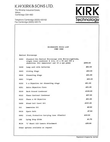McArthur Microscope by Kirk and Sons Data Sheet