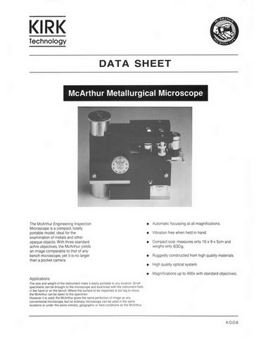McArthur Microscope by Kirk and Sons Data Sheet