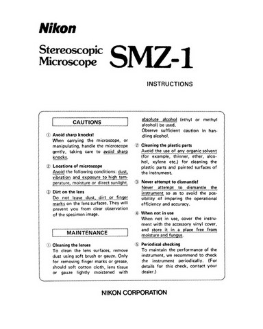 Nikon SMZ-1 Instructions